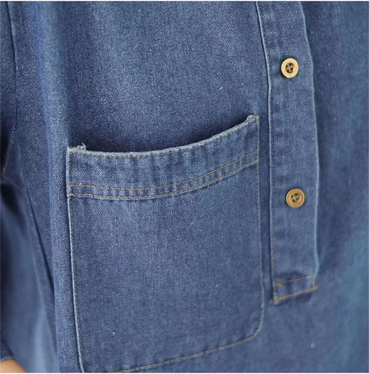 Women Summer Blue Vintage Denim Dress Buttons Midi Dress Half Sleeve Pockets Straight Loose Jeans Dress
