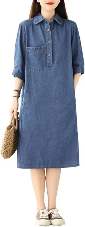 Women Summer Blue Vintage Denim Dress Buttons Midi Dress Half Sleeve Pockets Straight Loose Jeans Dress
