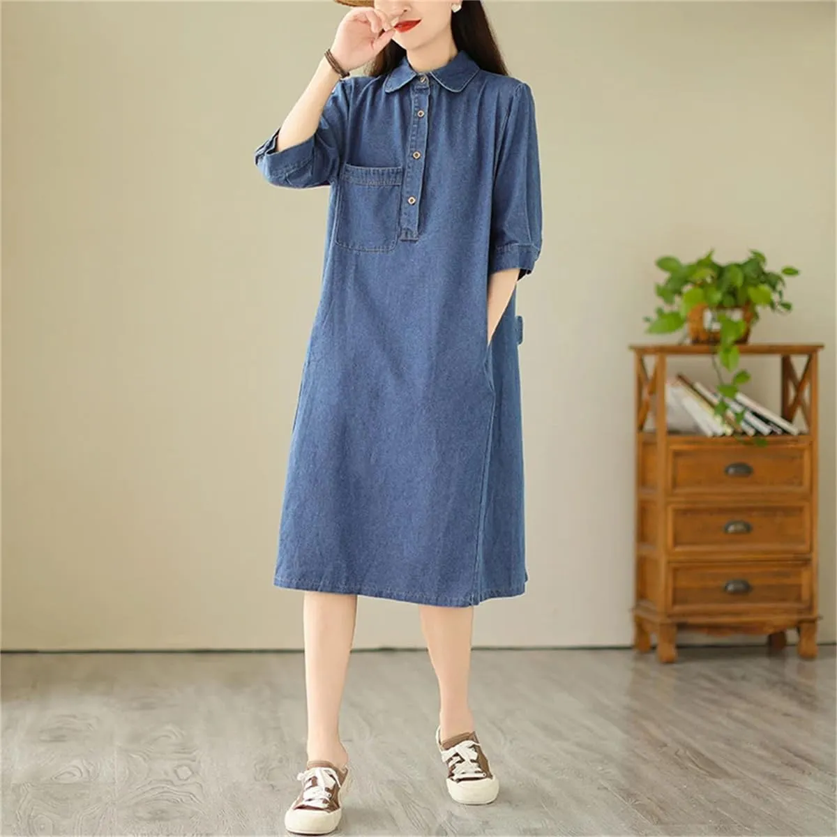 Women Summer Blue Vintage Denim Dress Buttons Midi Dress Half Sleeve Pockets Straight Loose Jeans Dress