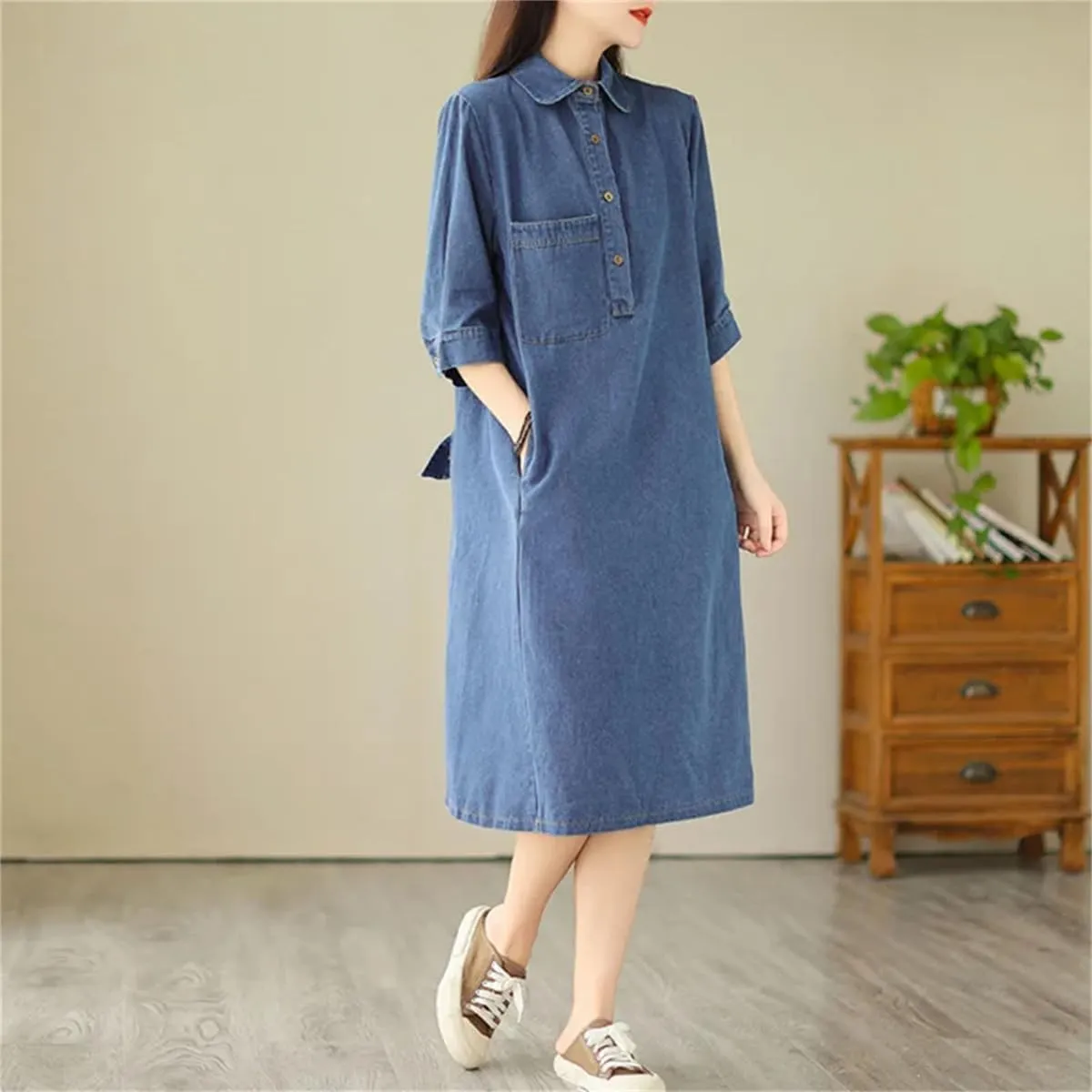 Women Summer Blue Vintage Denim Dress Buttons Midi Dress Half Sleeve Pockets Straight Loose Jeans Dress