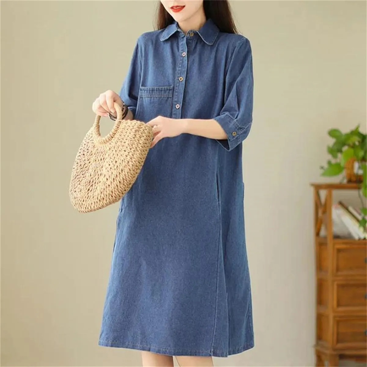 Women Summer Blue Vintage Denim Dress Buttons Midi Dress Half Sleeve Pockets Straight Loose Jeans Dress