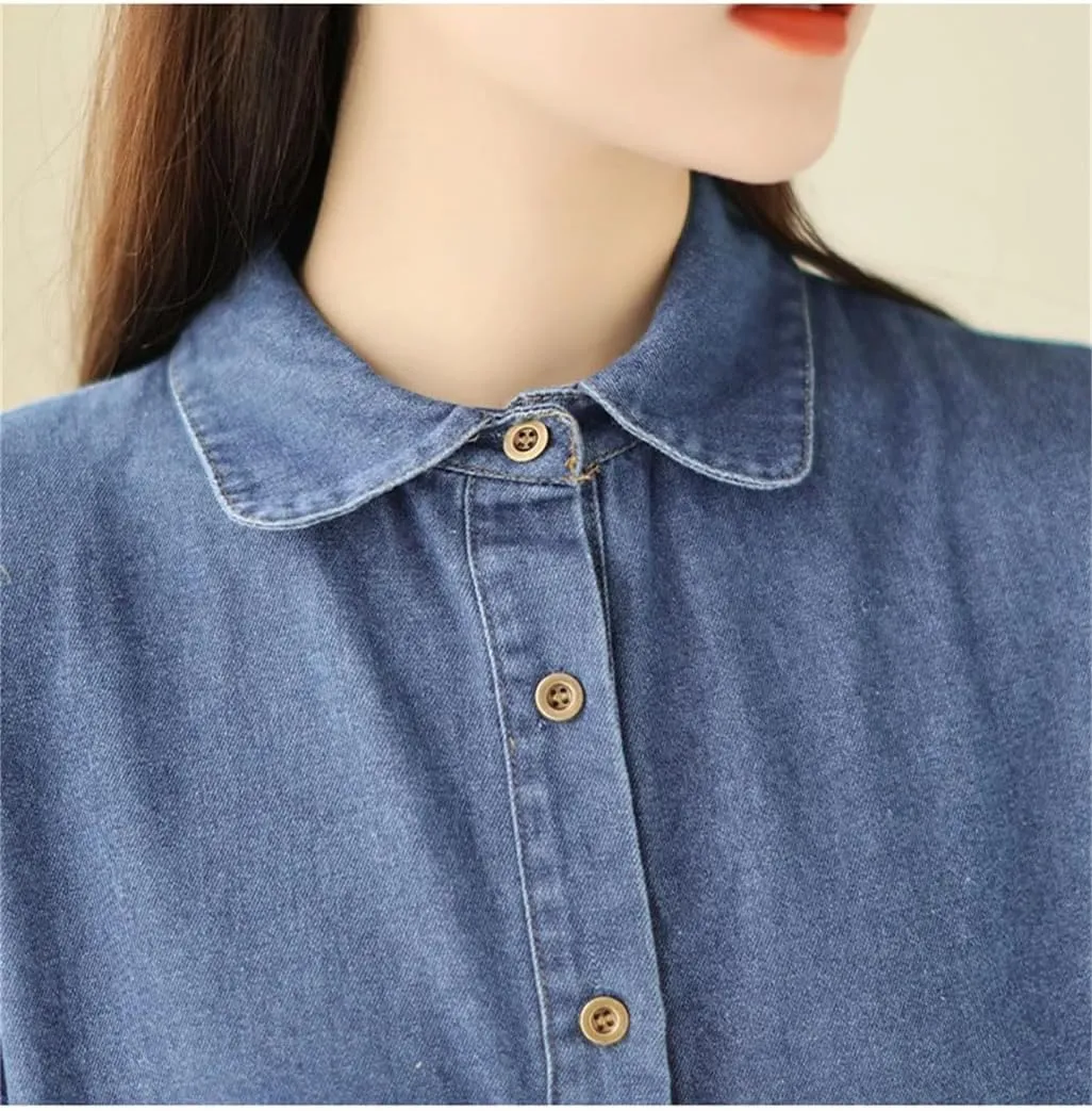 Women Summer Blue Vintage Denim Dress Buttons Midi Dress Half Sleeve Pockets Straight Loose Jeans Dress