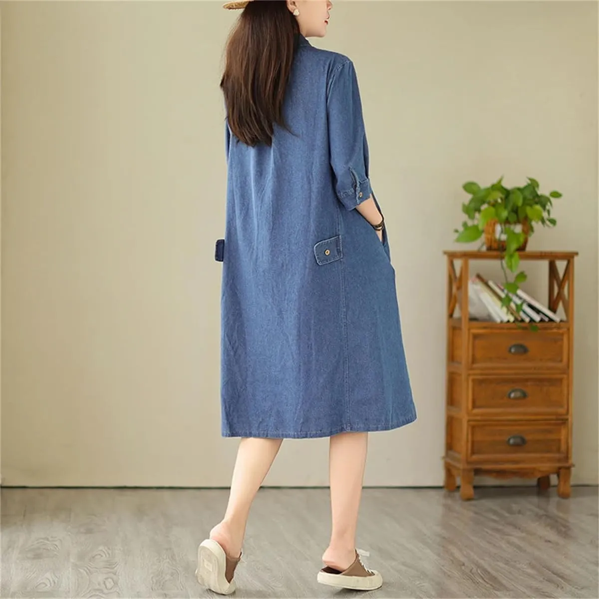 Women Summer Blue Vintage Denim Dress Buttons Midi Dress Half Sleeve Pockets Straight Loose Jeans Dress