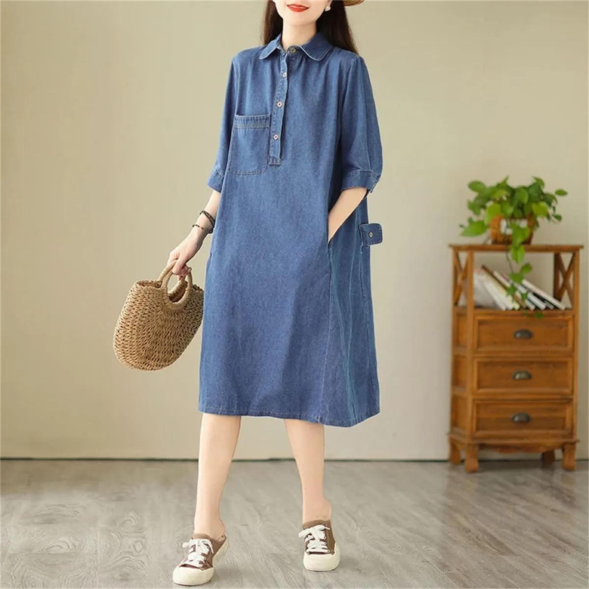 Women Summer Blue Vintage Denim Dress Buttons Midi Dress Half Sleeve Pockets Straight Loose Jeans Dress