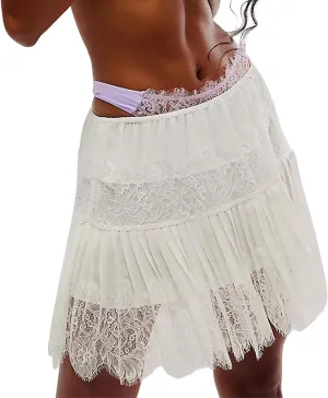 Women Y2k Lace Slip Skirt A line Pleated Flowy Short Skirt Floral Lace Tiered Mini Skirt Underskirt