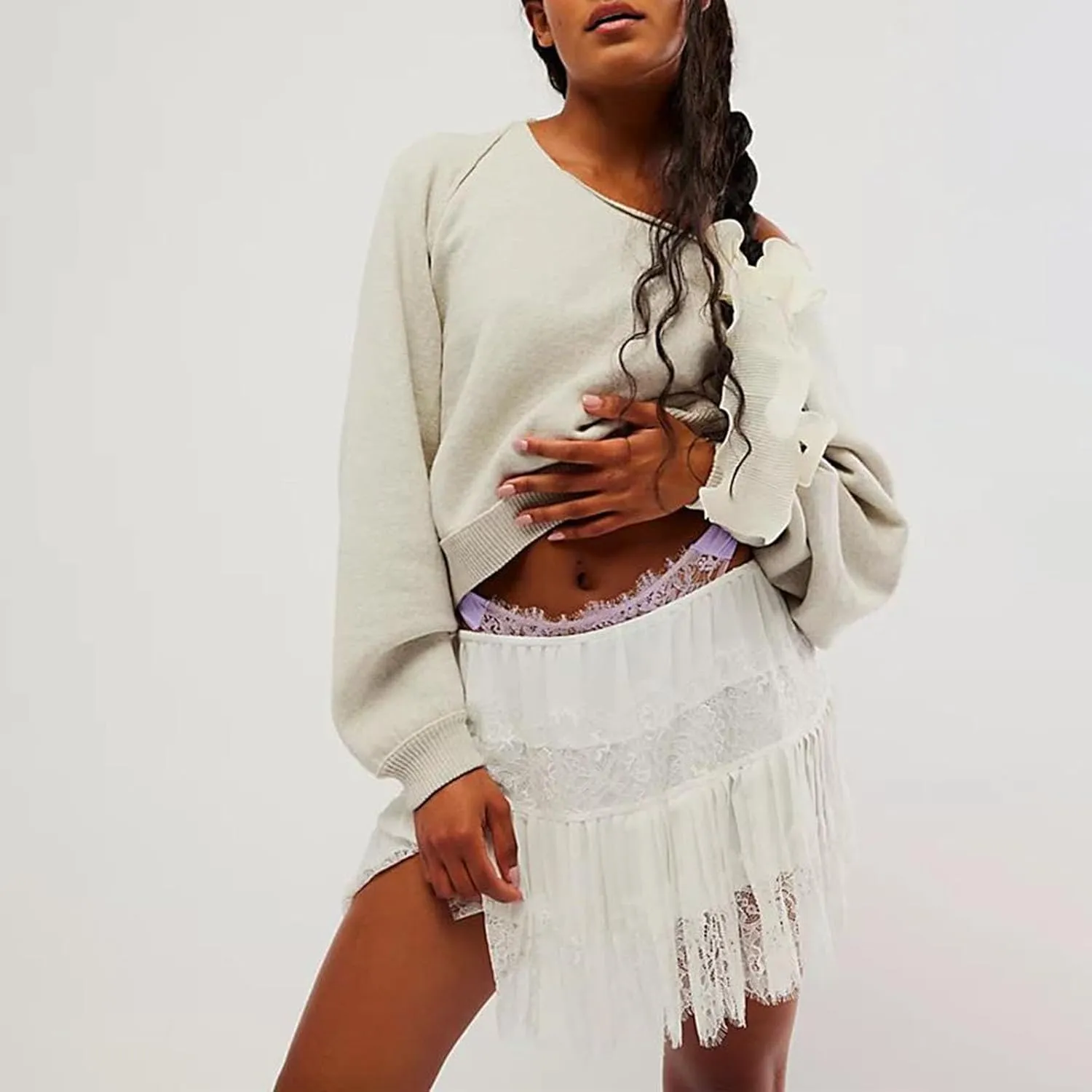 Women Y2k Lace Slip Skirt A line Pleated Flowy Short Skirt Floral Lace Tiered Mini Skirt Underskirt