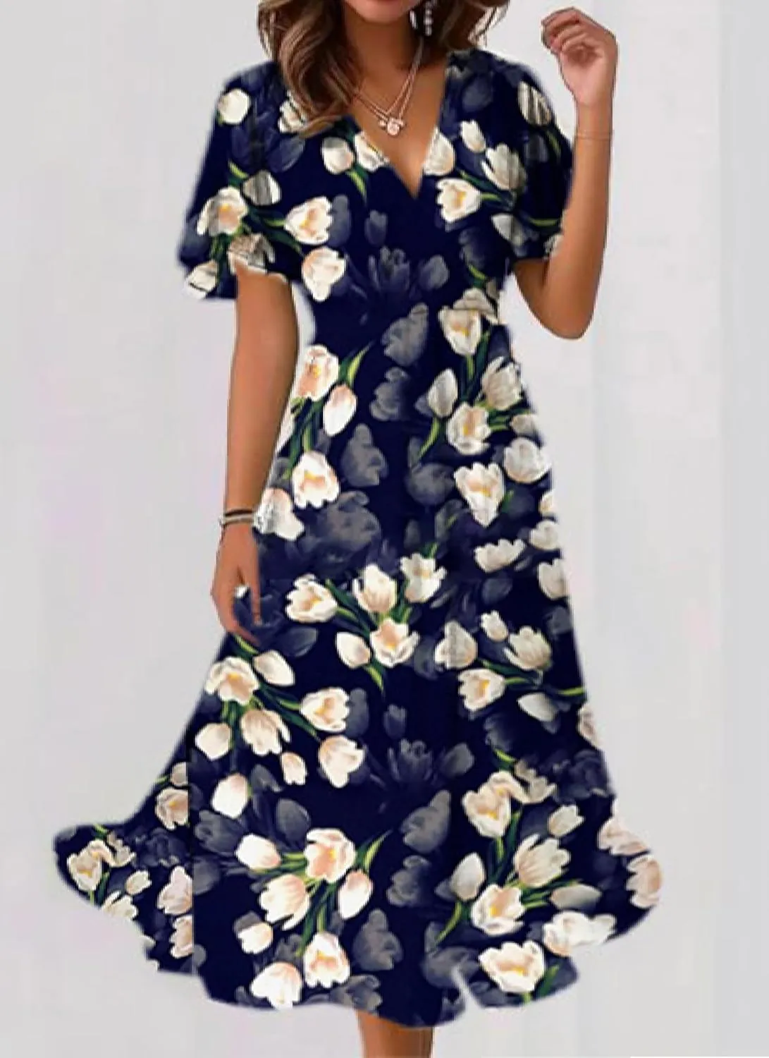 Women's Blue Floral Print V-Neck Short Sleeve Loose A-Line Midi Dress Casual Summer Waist Cinching Party Vacation Dress