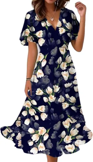 Women's Blue Floral Print V-Neck Short Sleeve Loose A-Line Midi Dress Casual Summer Waist Cinching Party Vacation Dress