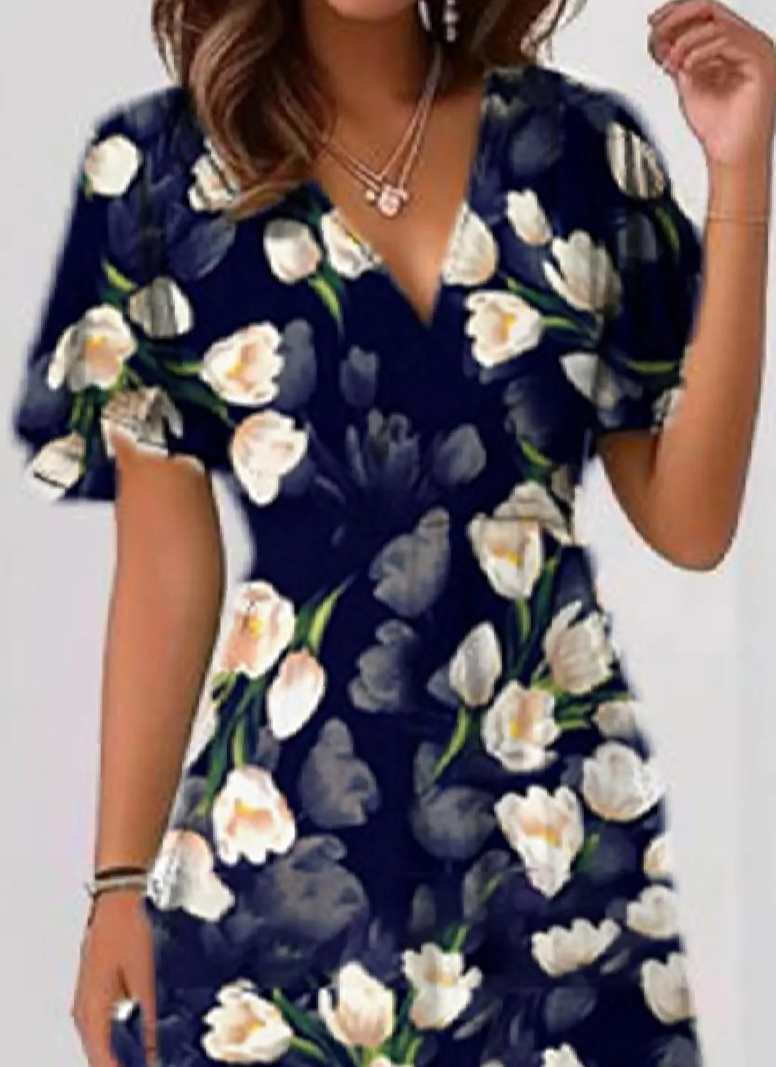 Women's Blue Floral Print V-Neck Short Sleeve Loose A-Line Midi Dress Casual Summer Waist Cinching Party Vacation Dress