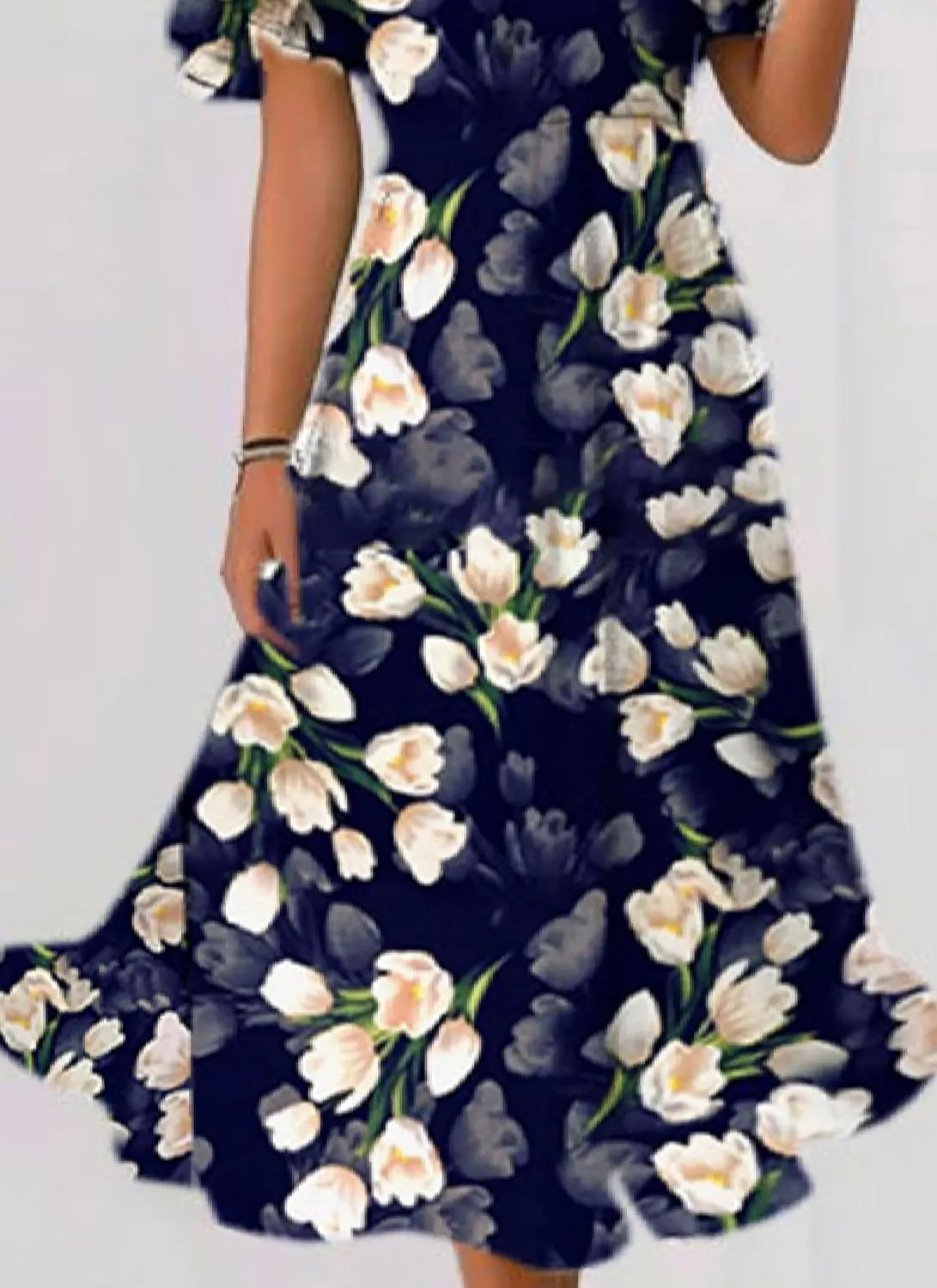 Women's Blue Floral Print V-Neck Short Sleeve Loose A-Line Midi Dress Casual Summer Waist Cinching Party Vacation Dress