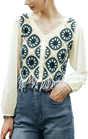 Women's Bohemia Chiffon Blouses, V-Neck Cropped Knitted Hollow Fringed Hem Long Sleeve Shirts Top
