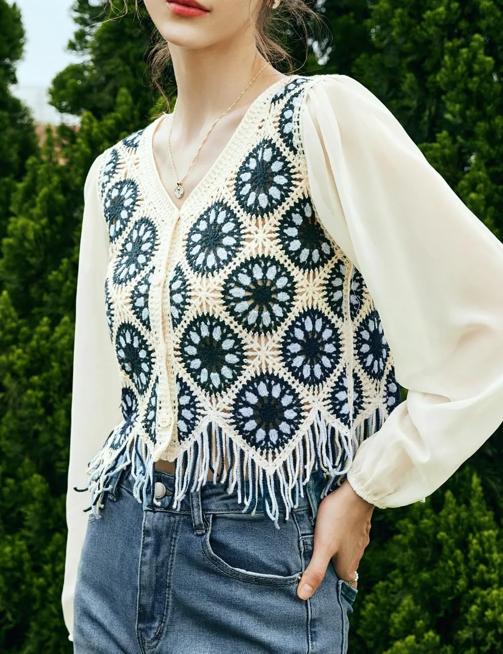 Women's Bohemia Chiffon Blouses, V-Neck Cropped Knitted Hollow Fringed Hem Long Sleeve Shirts Top