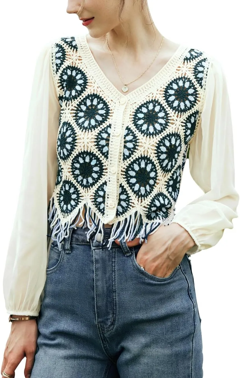 Women's Bohemia Chiffon Blouses, V-Neck Cropped Knitted Hollow Fringed Hem Long Sleeve Shirts Top
