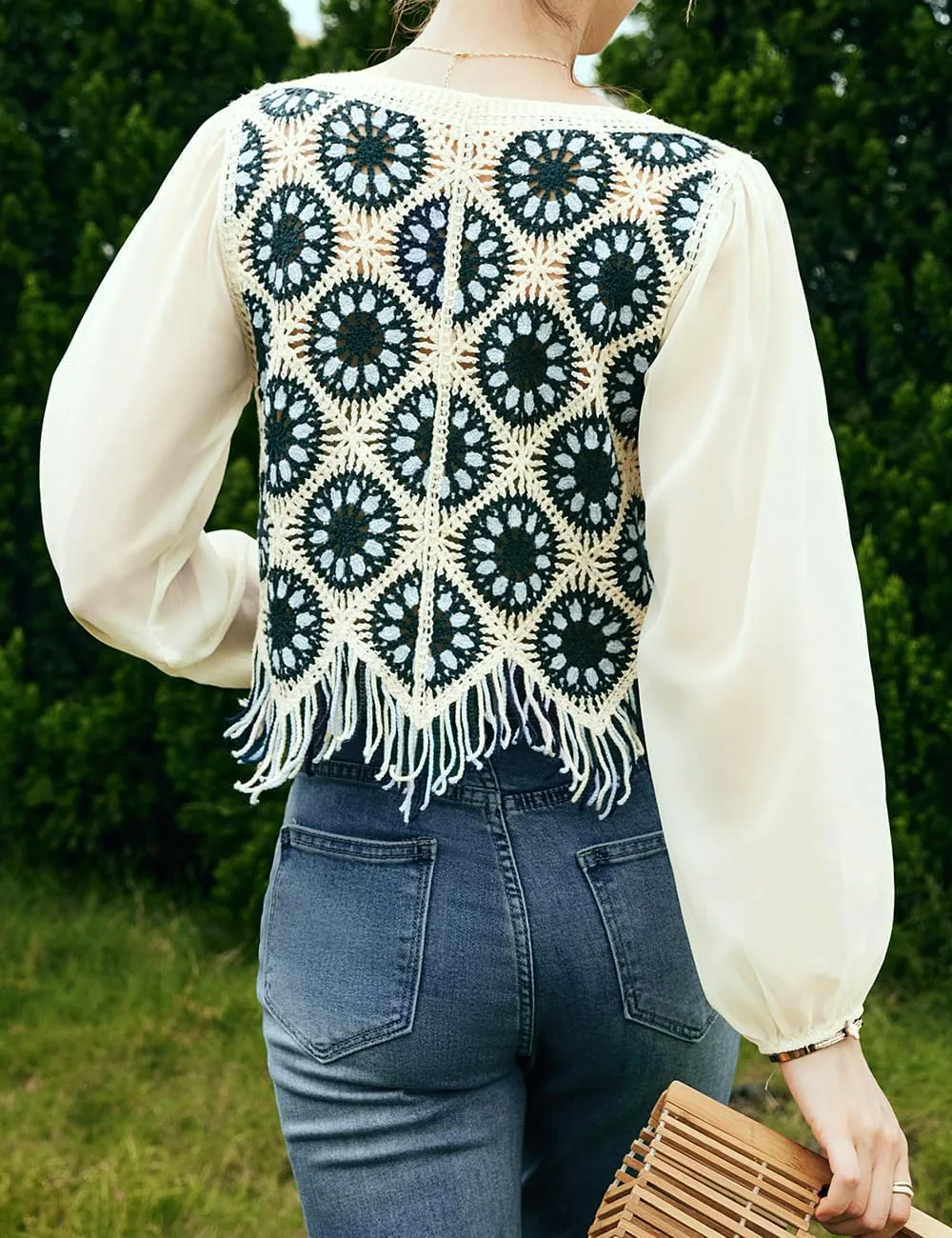 Women's Bohemia Chiffon Blouses, V-Neck Cropped Knitted Hollow Fringed Hem Long Sleeve Shirts Top