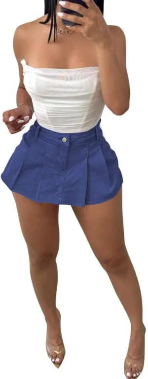 Womens Casual A-line Pleated Ruffle Short Mini Denim Skirts Frayed Fringe Hem Skirt Shorts