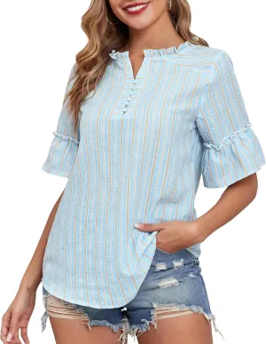 Womens Casual Short Sleeve Cotton Blouse Summer Striped Shirts V Neck Fashion Tops