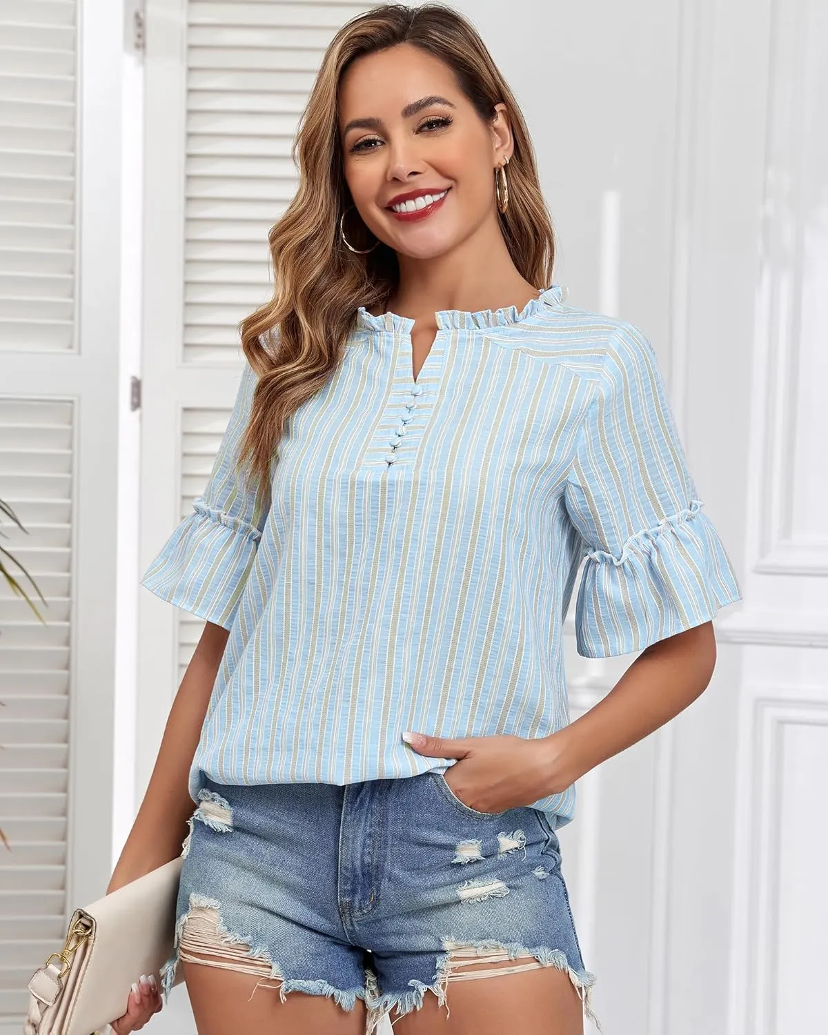 Womens Casual Short Sleeve Cotton Blouse Summer Striped Shirts V Neck Fashion Tops