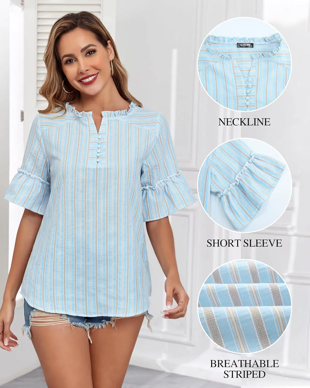 Womens Casual Short Sleeve Cotton Blouse Summer Striped Shirts V Neck Fashion Tops