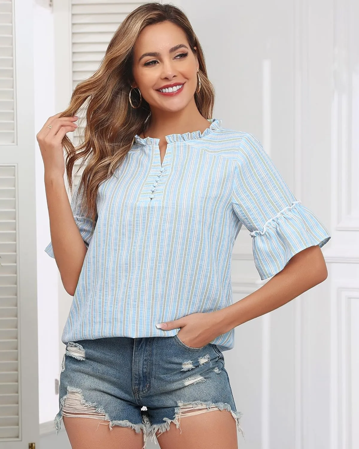 Womens Casual Short Sleeve Cotton Blouse Summer Striped Shirts V Neck Fashion Tops