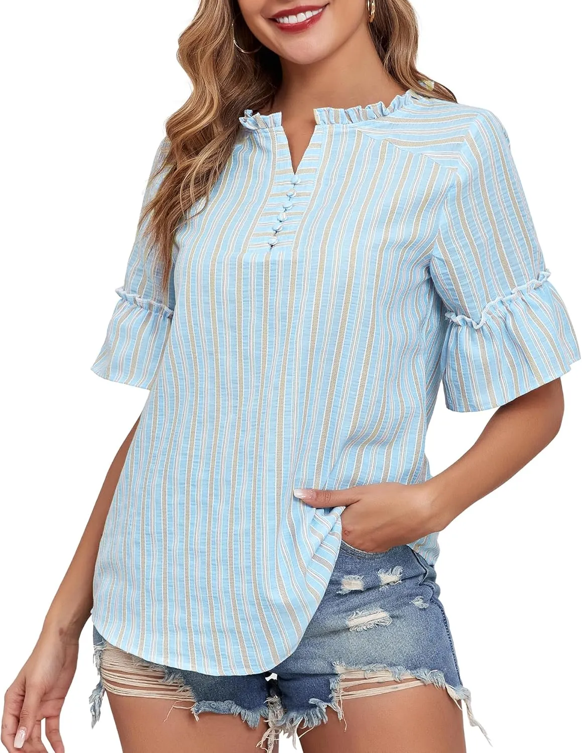 Womens Casual Short Sleeve Cotton Blouse Summer Striped Shirts V Neck Fashion Tops