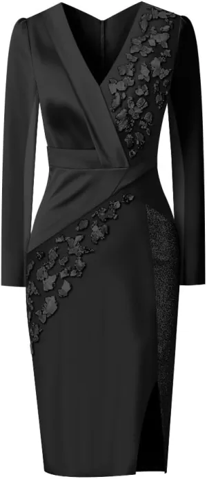 Womens Elegant Cocktail Dress, Long Sleeves, v-Neckline, Asymmetric Floral Appliques, Fitted Silhouette
