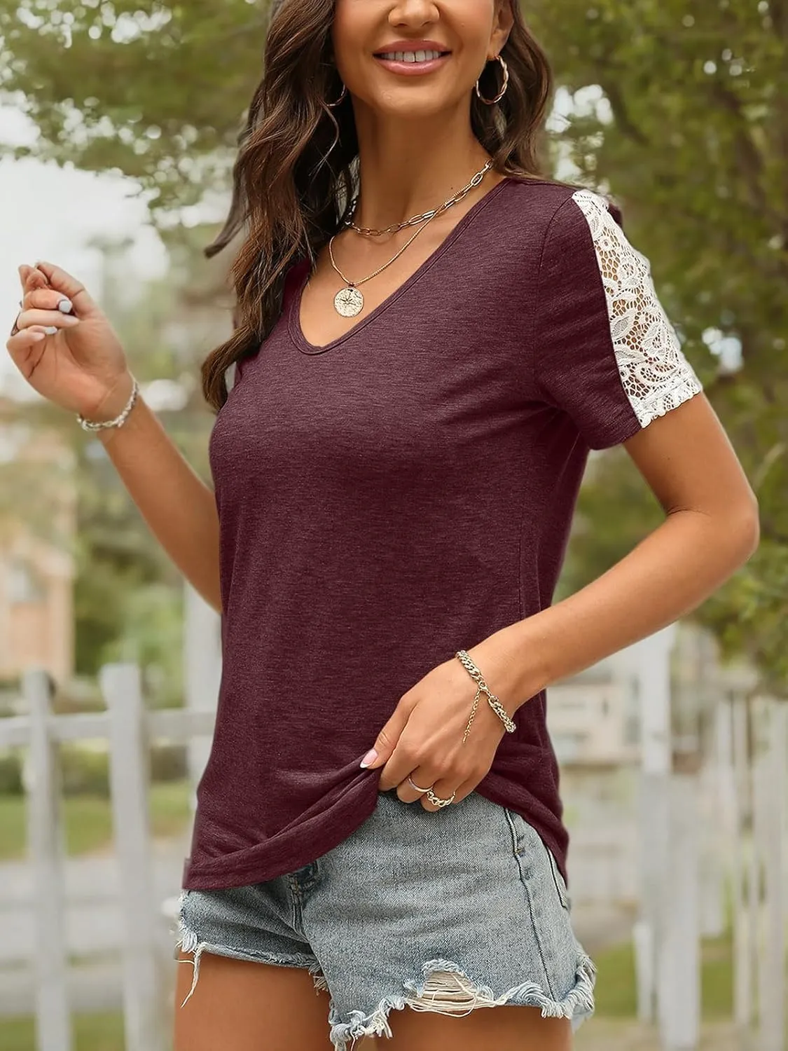 Womens Lace Short Sleeve V Neck T Shirts Summer Casual Tops Loose Fit Tees Blouses