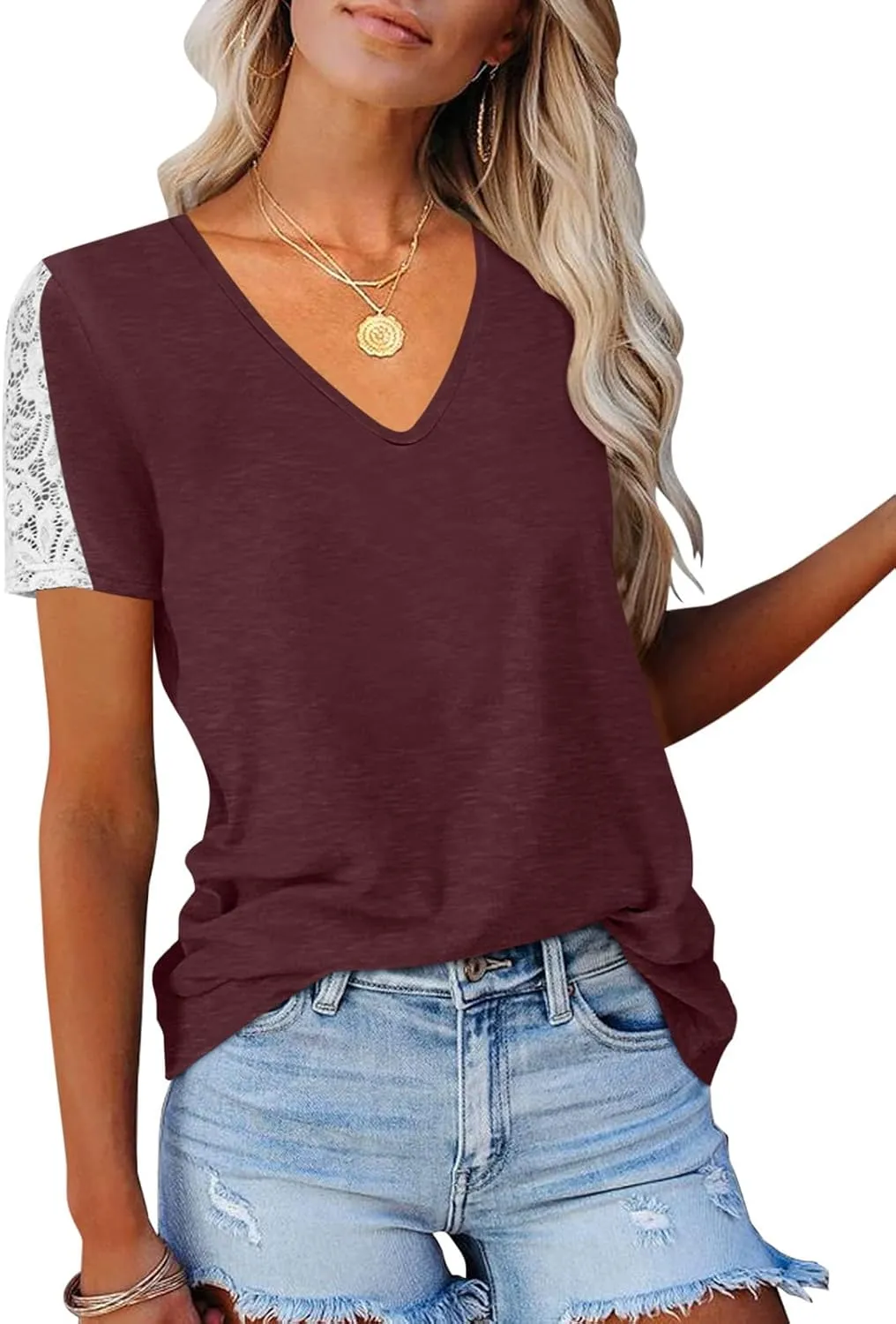 Womens Lace Short Sleeve V Neck T Shirts Summer Casual Tops Loose Fit Tees Blouses