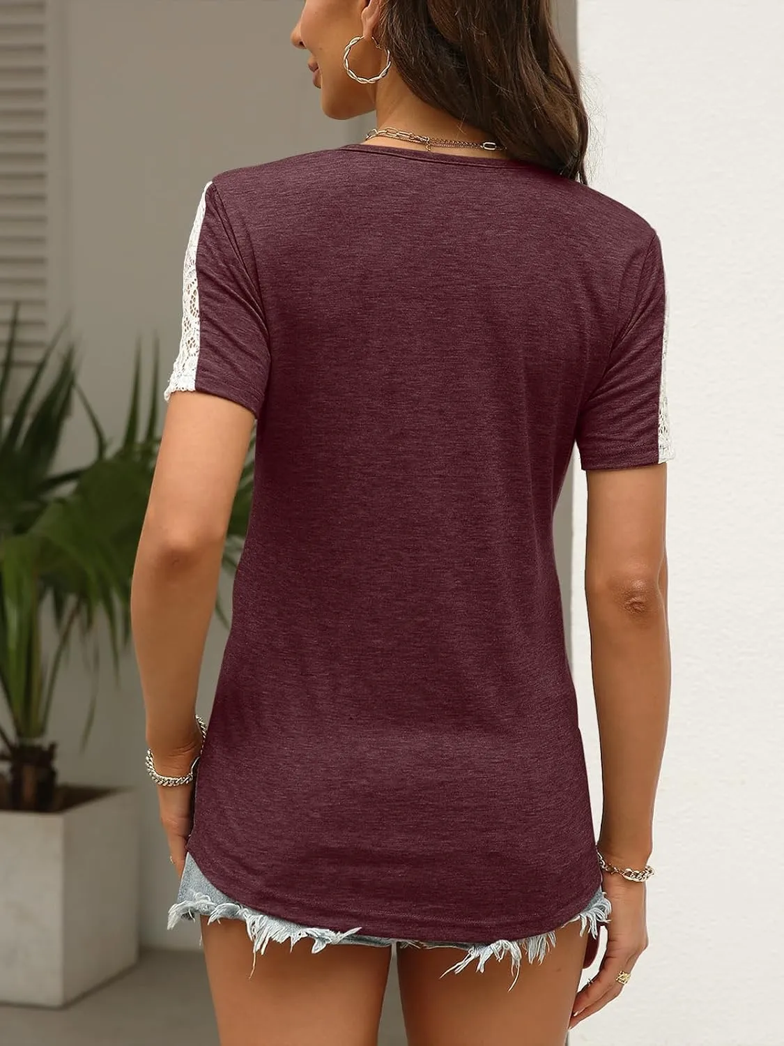 Womens Lace Short Sleeve V Neck T Shirts Summer Casual Tops Loose Fit Tees Blouses