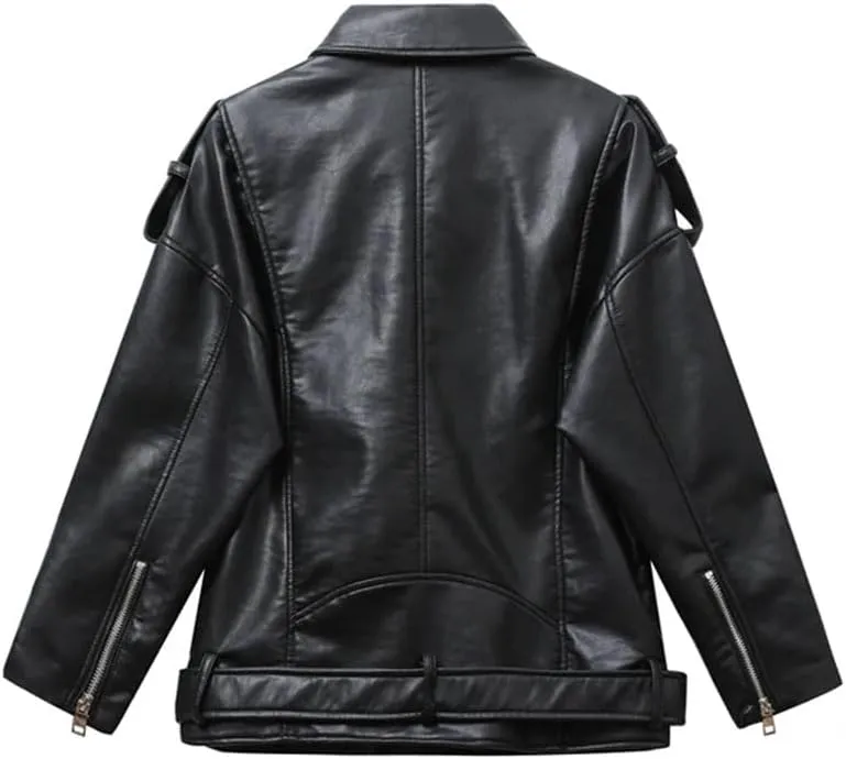 Women's Motorcycle PU Leather Loose Jacket Black Short Belted Motocycle Biker Jacket With Asymmetric Zipper