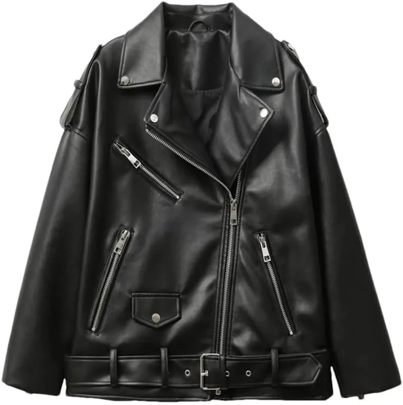 Women's Motorcycle PU Leather Loose Jacket Black Short Belted Motocycle Biker Jacket With Asymmetric Zipper