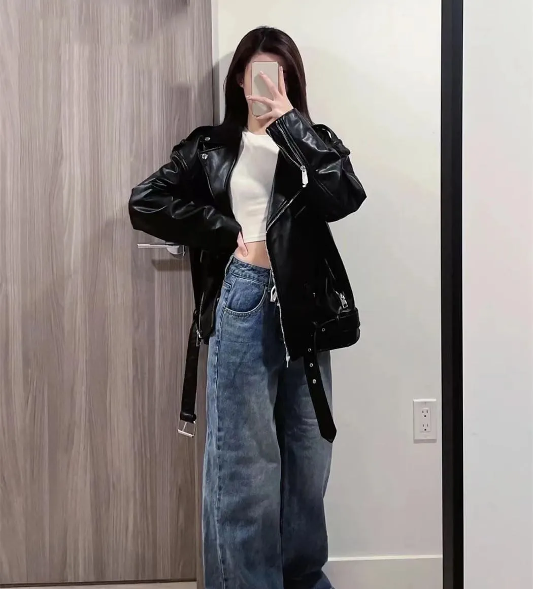 Women's Motorcycle PU Leather Loose Jacket Black Short Belted Motocycle Biker Jacket With Asymmetric Zipper