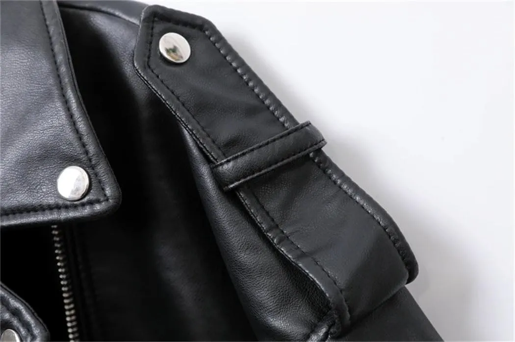 Women's Motorcycle PU Leather Loose Jacket Black Short Belted Motocycle Biker Jacket With Asymmetric Zipper