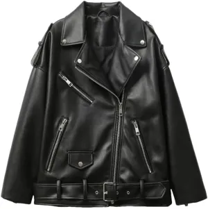 Women's Motorcycle PU Leather Loose Jacket Black Short Belted Motocycle Biker Jacket With Asymmetric Zipper