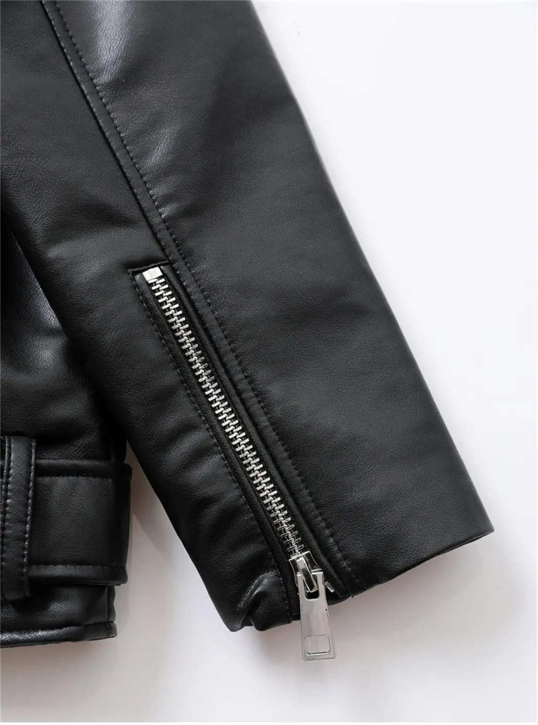 Women's Motorcycle PU Leather Loose Jacket Black Short Belted Motocycle Biker Jacket With Asymmetric Zipper