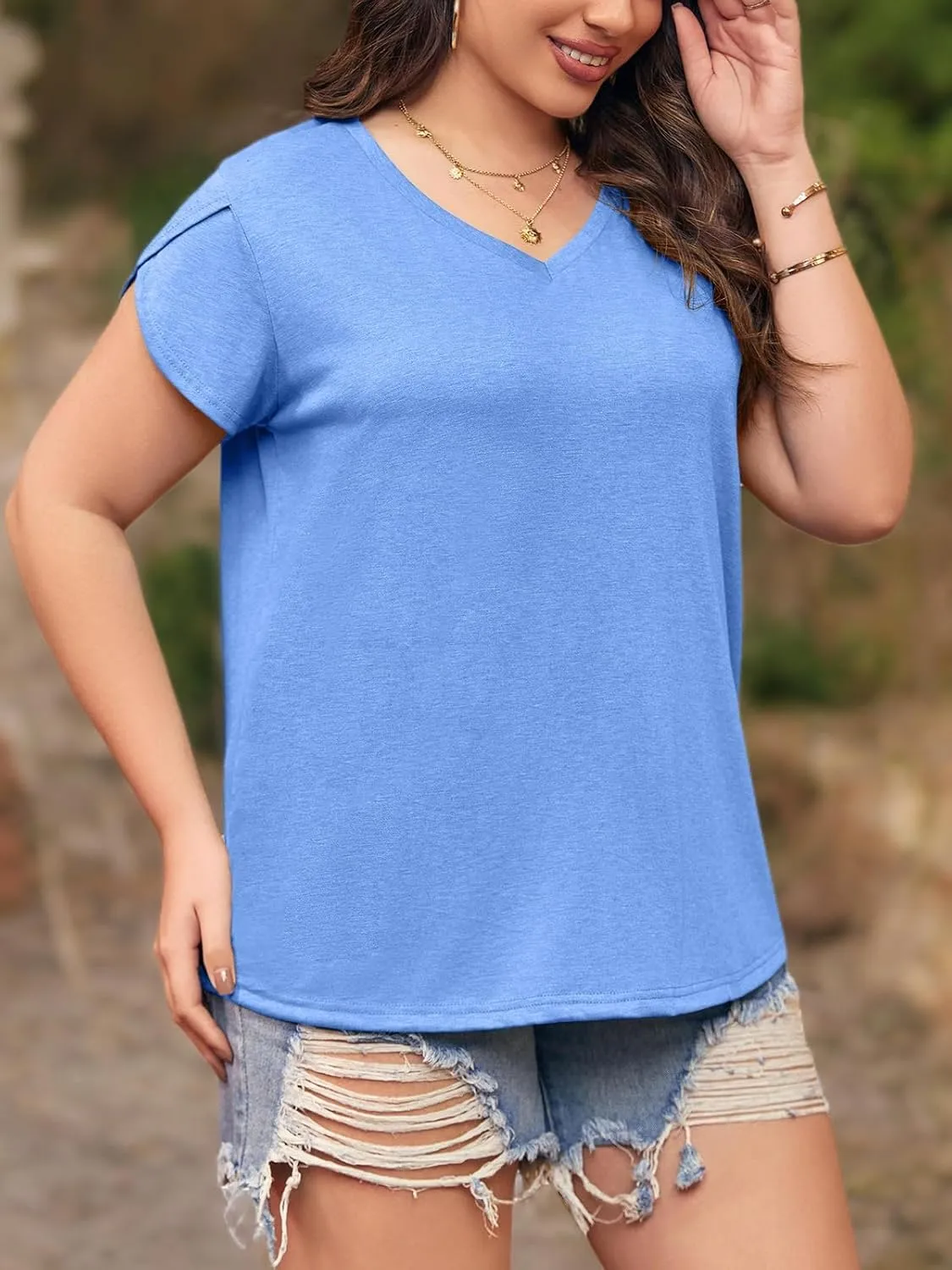 Womens Plus Size Tops V Neck T Shirts Casual Loose Petal Sleeve Tee Shirts