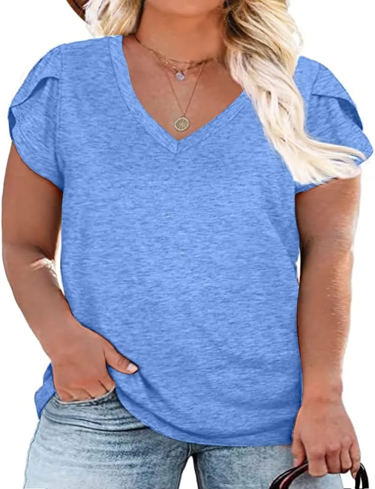 Womens Plus Size Tops V Neck T Shirts Casual Loose Petal Sleeve Tee Shirts