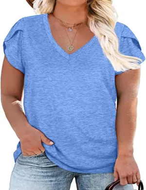 Womens Plus Size Tops V Neck T Shirts Casual Loose Petal Sleeve Tee Shirts