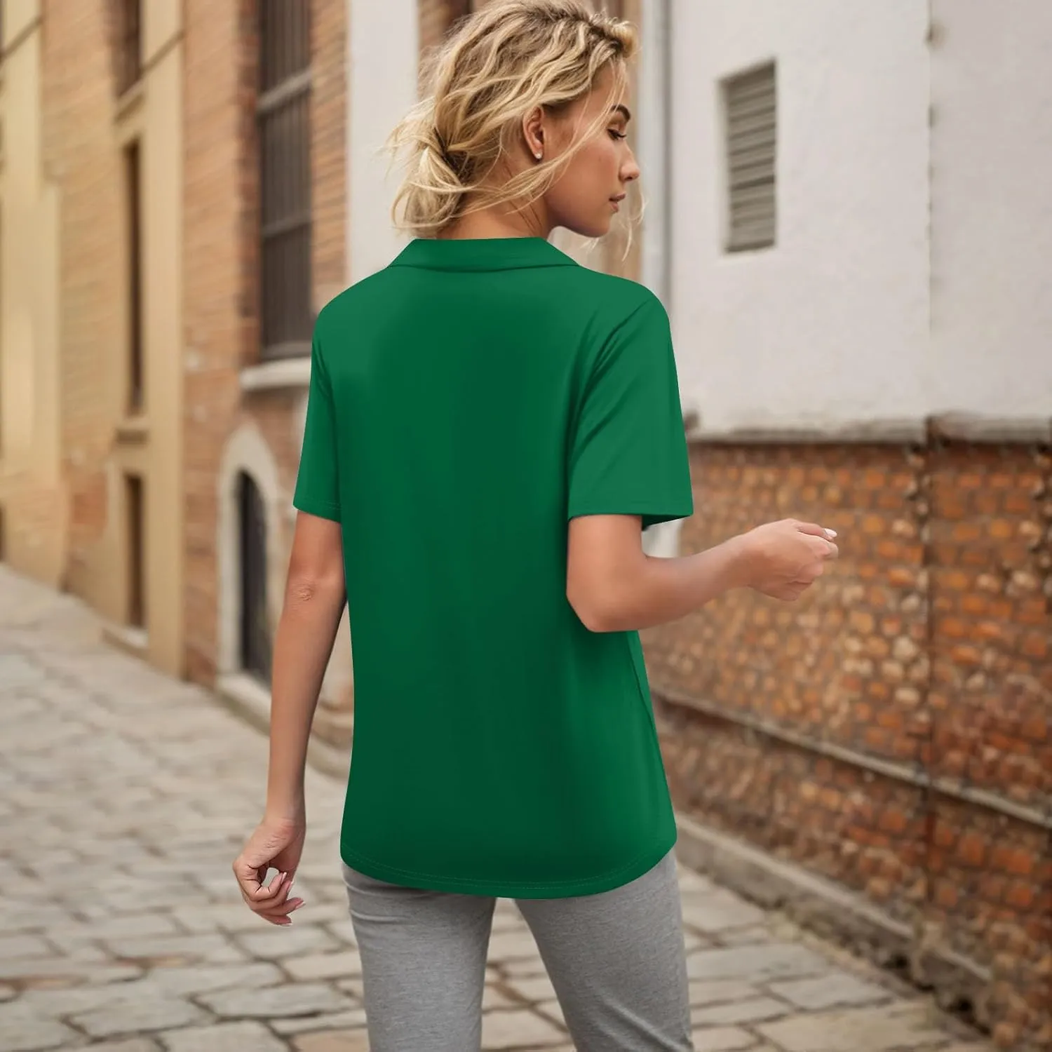 Womens Short Sleeve Polo T Shirts Pleated V Neck Collared Summer Tops Fashion Business Casual Work Blouse