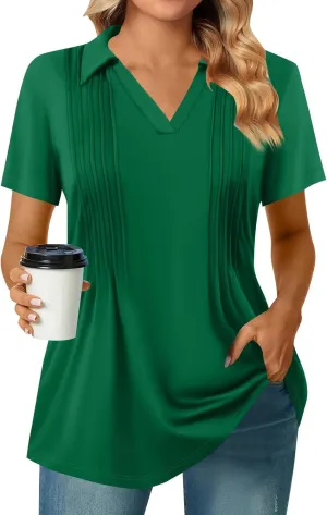 Womens Short Sleeve Polo T Shirts Pleated V Neck Collared Summer Tops Fashion Business Casual Work Blouse