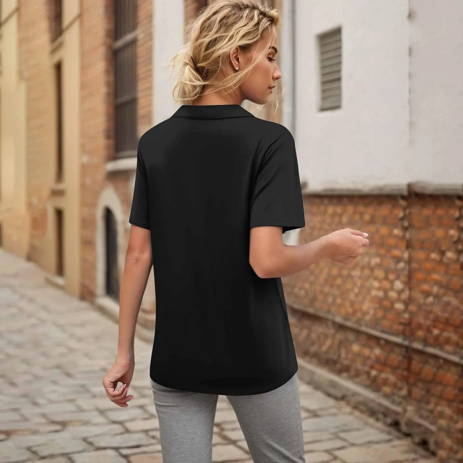 Womens Short Sleeve Polo T Shirts Pleated V Neck Collared Summer Tops Fashion Business Casual Work Blouse