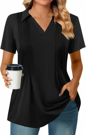 Womens Short Sleeve Polo T Shirts Pleated V Neck Collared Summer Tops Fashion Business Casual Work Blouse