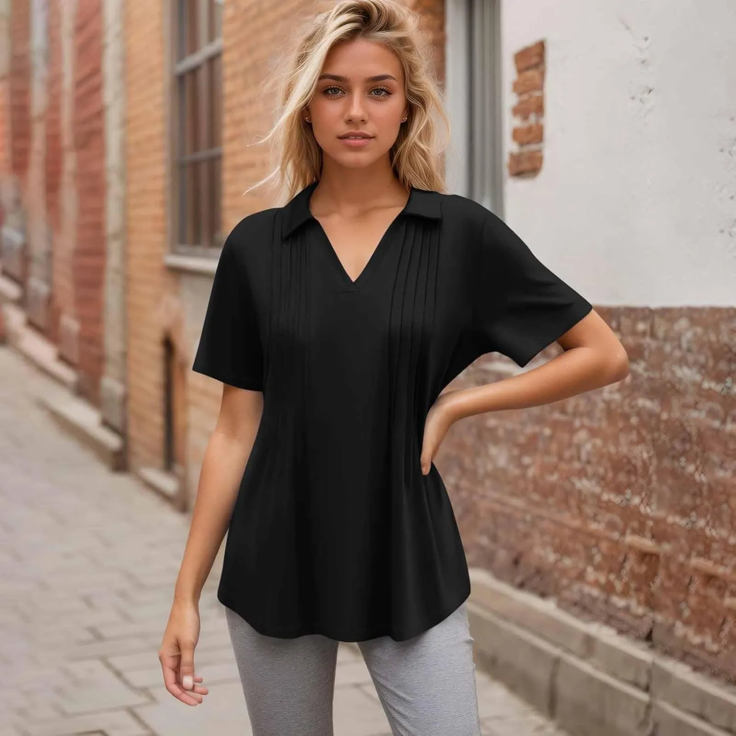 Womens Short Sleeve Polo T Shirts Pleated V Neck Collared Summer Tops Fashion Business Casual Work Blouse