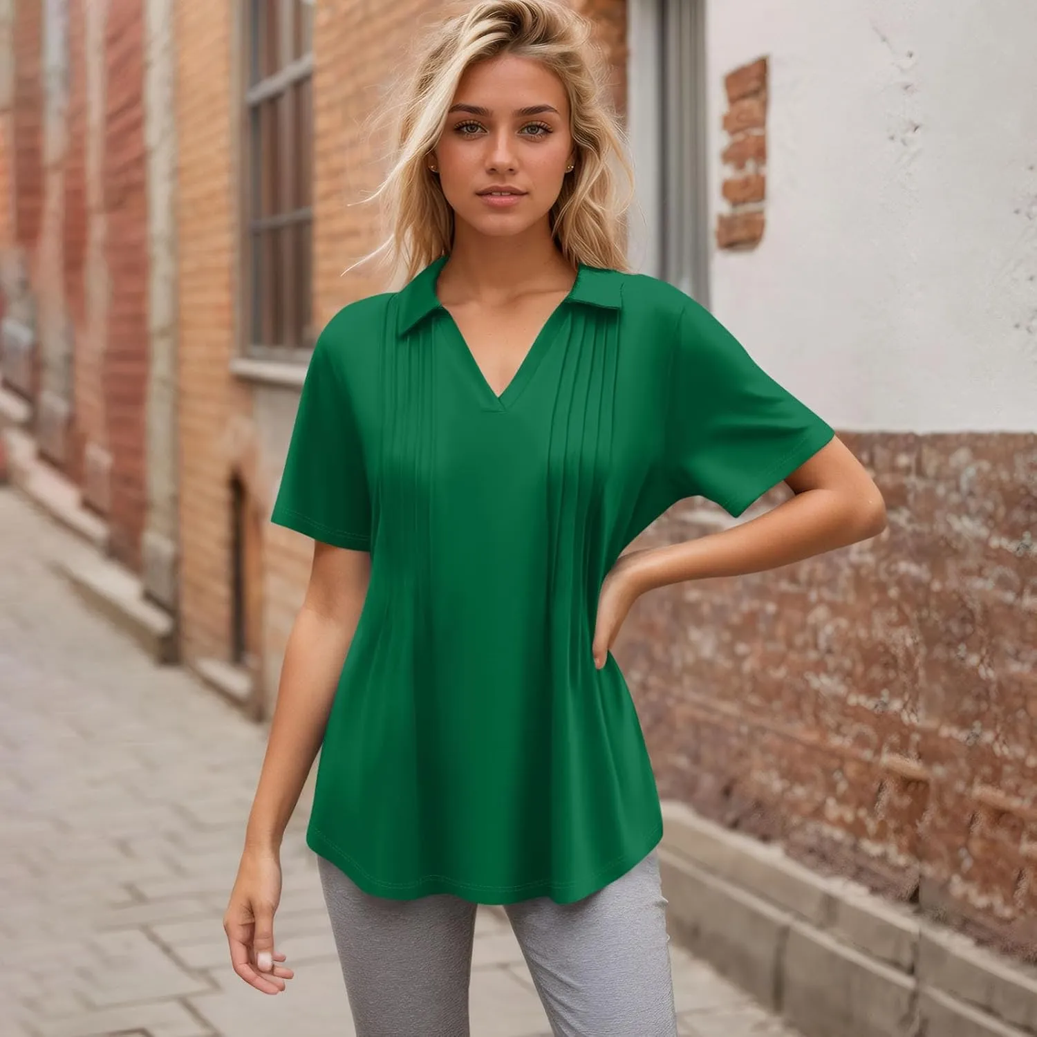 Womens Short Sleeve Polo T Shirts Pleated V Neck Collared Summer Tops Fashion Business Casual Work Blouse