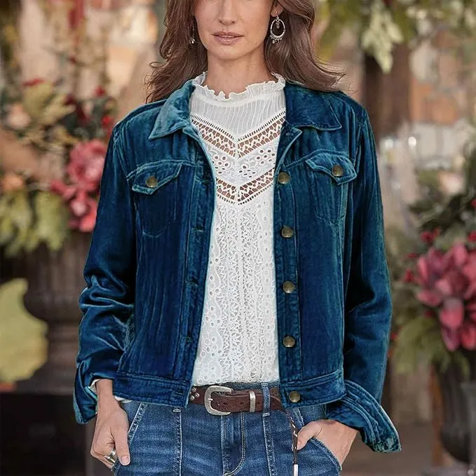 Women's Solid Color Long Sleeve Velvet Jacket Fashion Casual Buckle Short Coat With Pockets Outerwear