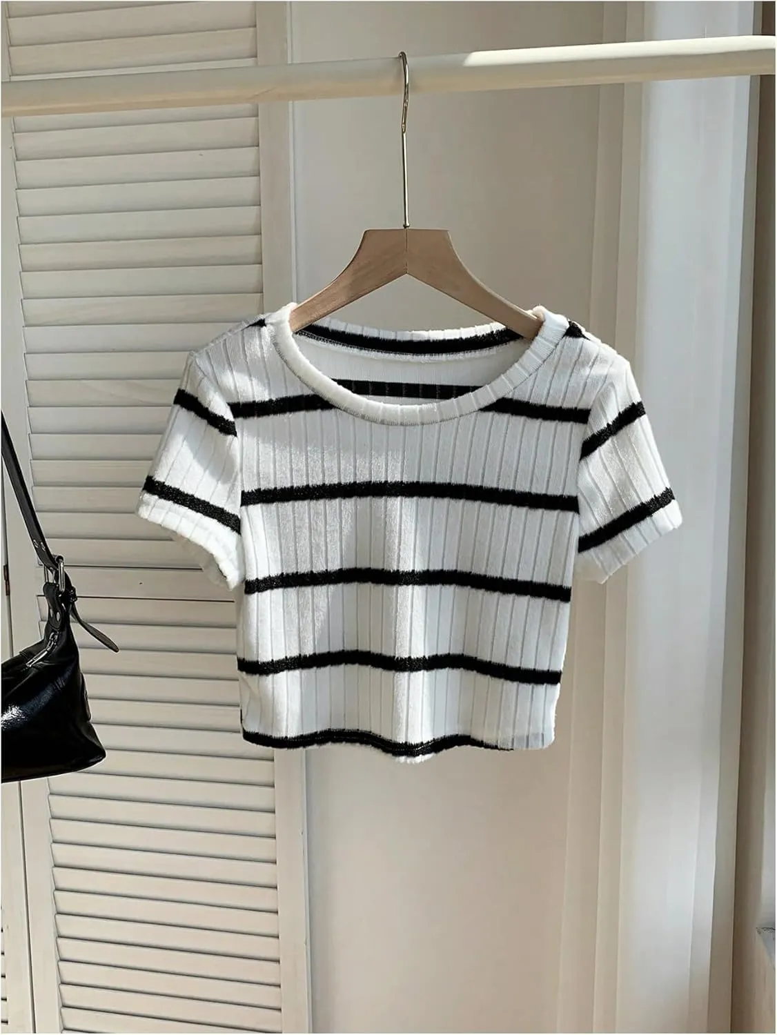 Women's Striped Ribbed Knit Crop Tops Crew Neck Short Sleeve Slim Fit Tee Shirt