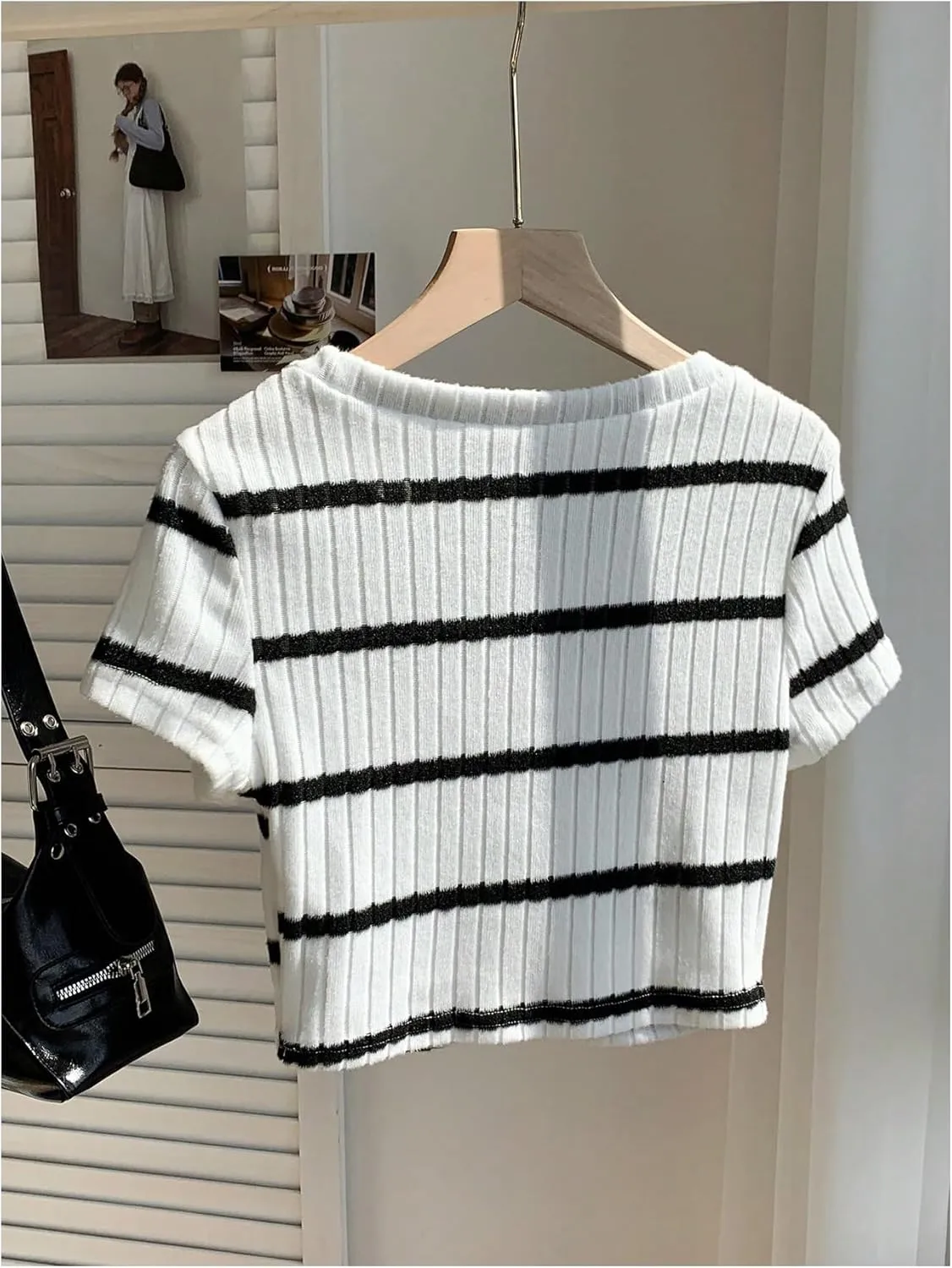 Women's Striped Ribbed Knit Crop Tops Crew Neck Short Sleeve Slim Fit Tee Shirt