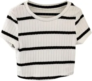 Women's Striped Ribbed Knit Crop Tops Crew Neck Short Sleeve Slim Fit Tee Shirt