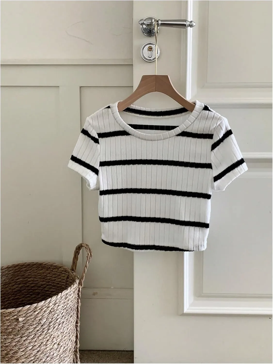 Women's Striped Ribbed Knit Crop Tops Crew Neck Short Sleeve Slim Fit Tee Shirt