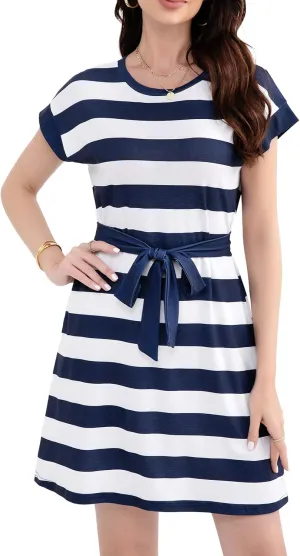 Womens Summer Dresses Striped Crewneck Short Sleeve T Shirt Dress Casual Tie Waist A Line with Pockets