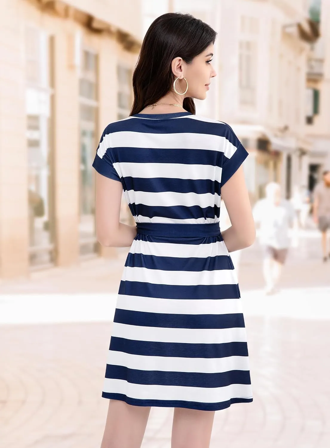 Womens Summer Dresses Striped Crewneck Short Sleeve T Shirt Dress Casual Tie Waist A Line with Pockets